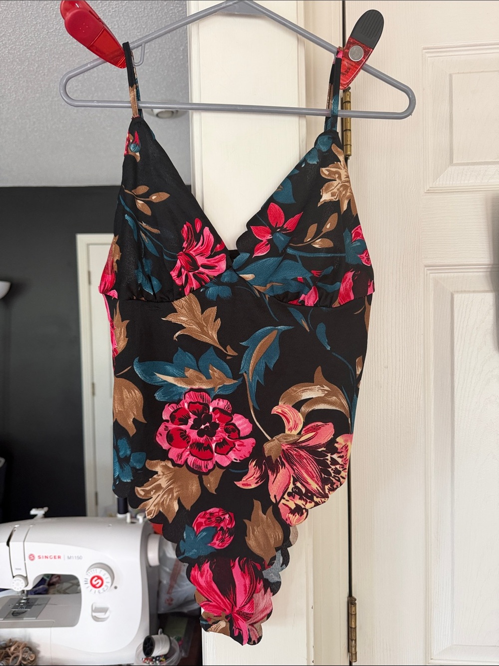 SHEIN Black Floral V-Neck Bodysuit with Pink Blue and Brown Accents